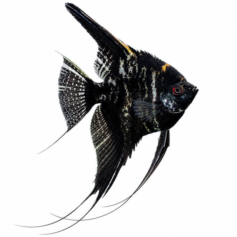 Black Marble Angelfish freshwater ornamental fish with distinctive black, silver, and white marble pattern isolated on white background – Aqua Ceygiriya Export Sri Lanka.